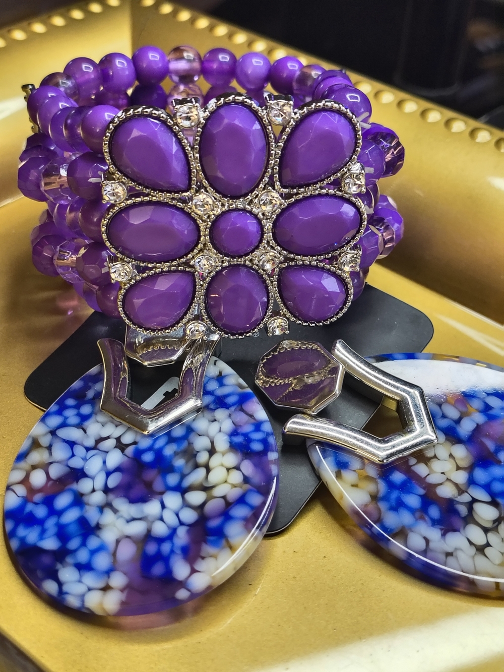 Purple Beaded Floral Stretch Bracelet/Earrings